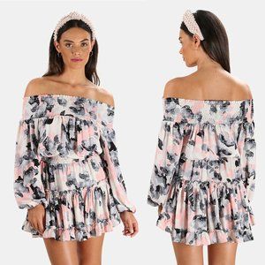 Misa Los Angeles Off-Shoulder Floral Mini Dress in Pink and Black